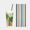Reusable silicone straws in iced coffee and smoothie glasses, sustainable eco-friendly drinkware