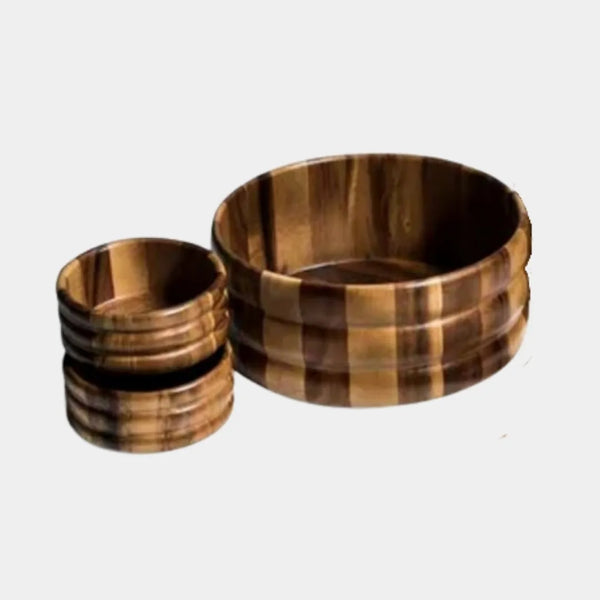 Acacia wood salad bowl set styled on a dinner table, rustic eco-friendly wooden serving ware