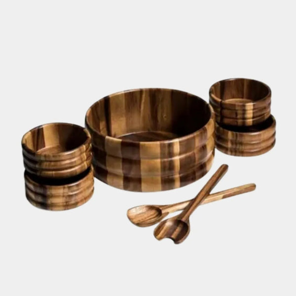 7-piece handcrafted acacia wood bowl set, sustainable large serving salad bowl with 6 individual side bowls