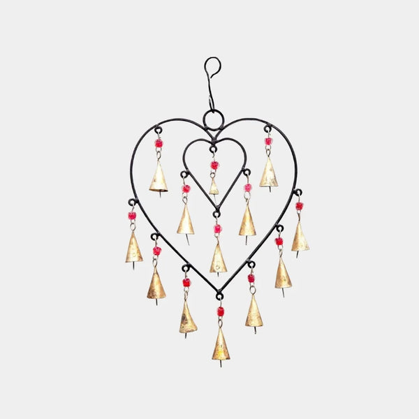 Heart-shaped sacred space hanging bells, handcrafted sustainable metal chime decor