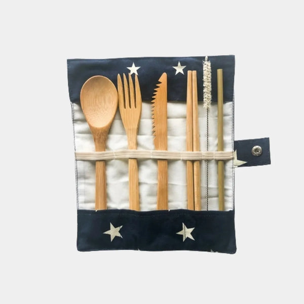 5-piece bamboo cutlery set in portable canvas pouch, zero-waste utensils for travel and lunch