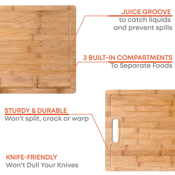 Wooden cutting board with features highlighted on a white background