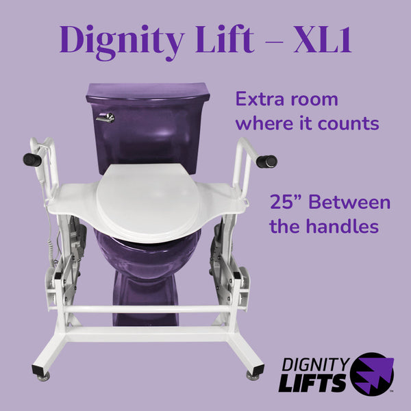 Dignity Lifts XL1 Extra Large Toilet Lift, front view installed over a toilet