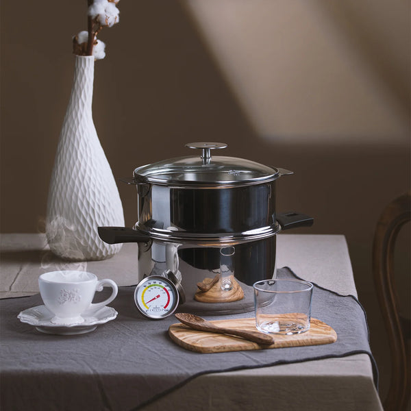 CRISTEL BIOME steam and low-temperature cooking system, 6 Qt stainless steel saucepan with steamer and glass lid