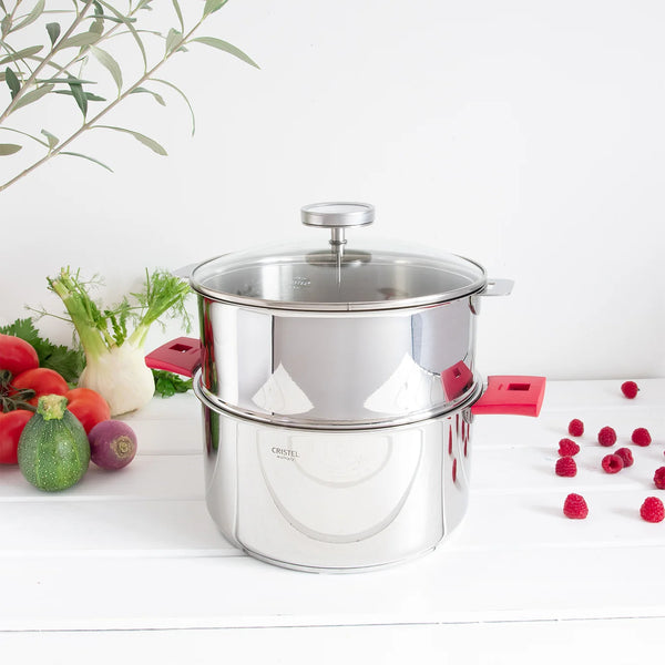 CRISTEL BIOME steam and low-temperature cooking system, 3.5 Qt stainless steel saucepan with steamer and glass lid