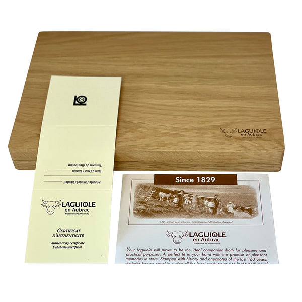 Laguiole en Aubrac wooden presentation box lid with an authenticity certificate and brand information leaflet