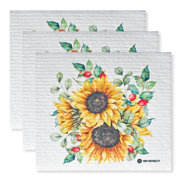 Set of sunflower-themed discloths with a floral design on a white background.