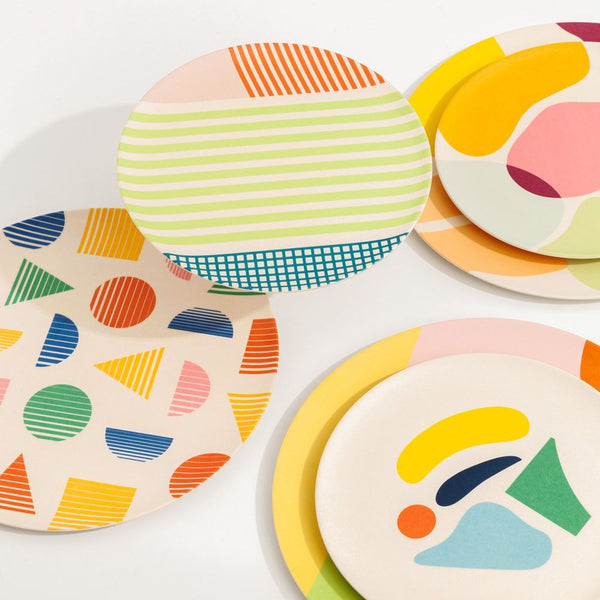 Abstract shapes print bamboo plate set, 4-piece shatterproof and biodegradable dinnerware