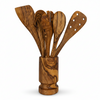 Olive Wood Kitchen Servers Set w/Holder -6 Pcs