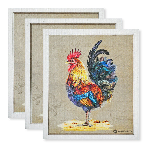 Set of three placemats with a colorful rooster design on a textured background.