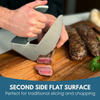 Person slicing steak with a NULU knife on the cutting board’s flat reverse side