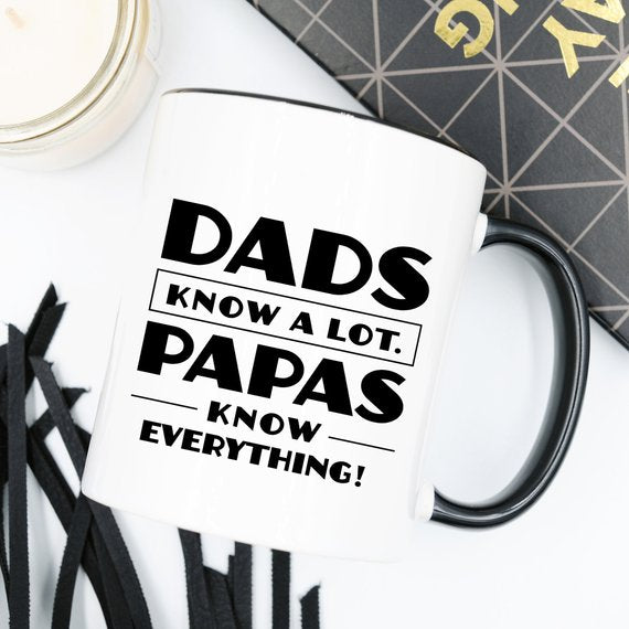 Funny Papa coffee mug with black handle accent, 11 oz microwave and dishwasher safe ceramic