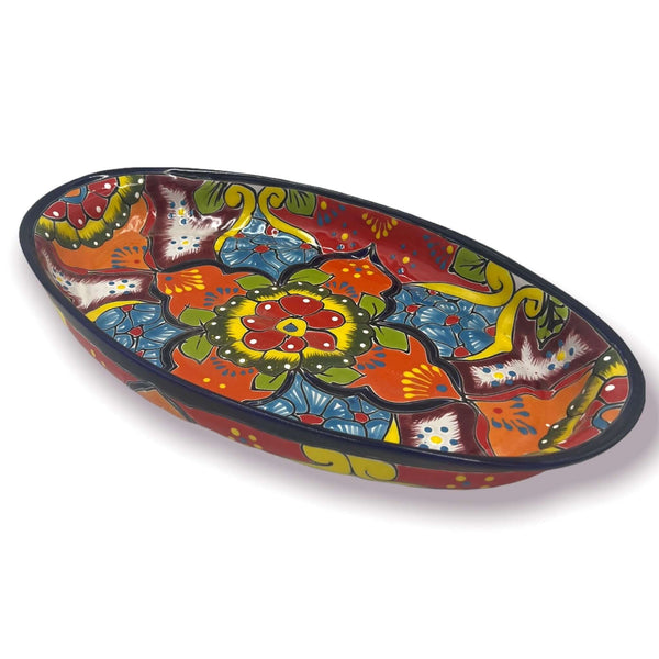 Oval Talavera platter close-up of glaze and brushwork