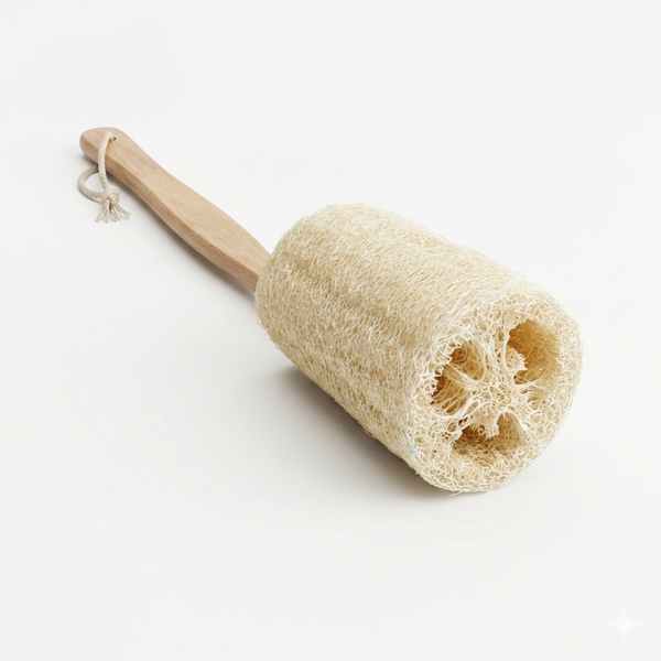 Natural loofah brush with long wooden handle