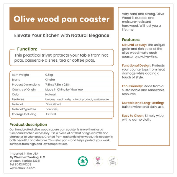 Olive wood pan coaster product description with features and benefits.
