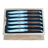Six Laguiole en Aubrac ash wood steak knives in a fitted wooden presentation box with the branded lid beneath