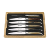 Six Laguiole en Aubrac steak knives with naturally varied solid horn handles and polished steel blades in a fitted wooden presentation box