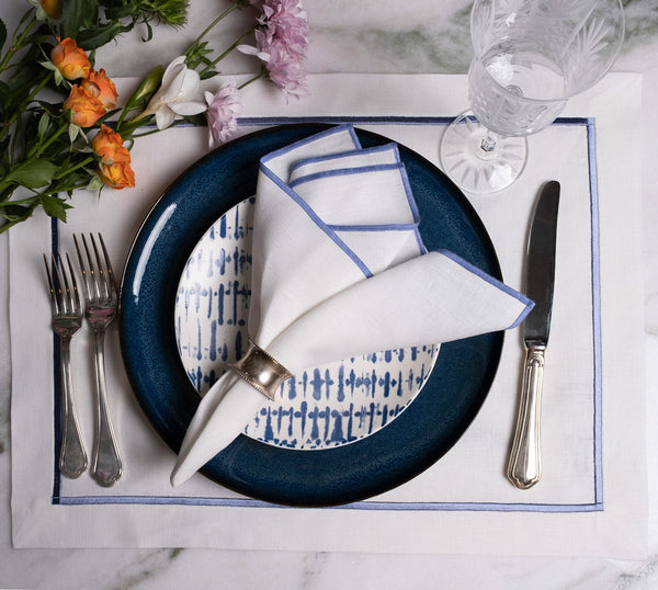 Chouchou Touch white linen napkins with blue satin-stitch edges, set of 4, view 2