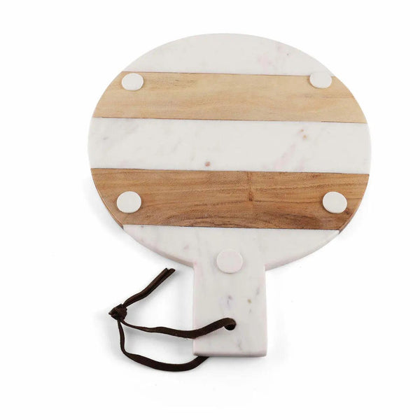 INOX Artisans Mez round white marble and acacia wood paddle charcuterie board, view 2