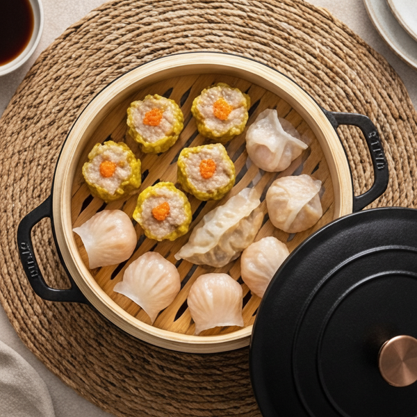 Overhead view of an Alva bamboo steamer filled with assorted dumplings, with the black lid resting alongside