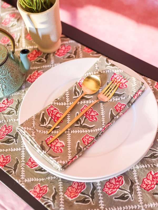 Banyan and Birch Noor hand-block printed cotton napkins in olive and pink, view 2
