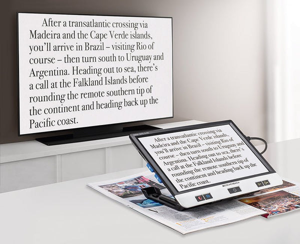 Eschenbach Visolux Digital XL FHD magnifier showing enlarged text