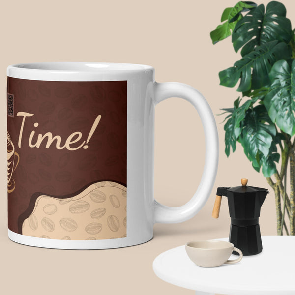 Inspirational interactive mug with scannable QR code for daily mindfulness affirmations