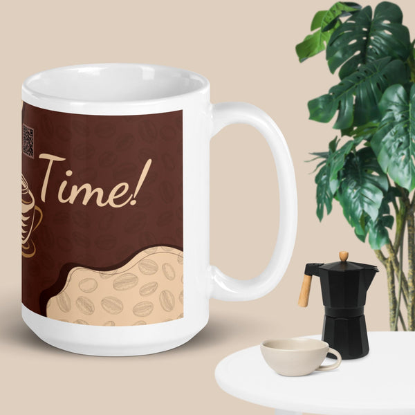 11oz interactive inspirational mug on a wooden desk next to a laptop for a productive morning routine