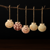 Five seashells hanging from a branch against a black background