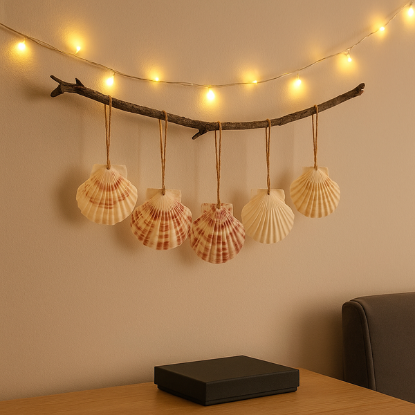 Decorative branch with hanging seashells and string lights against a beige wall.