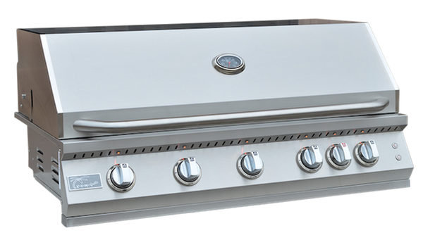 KoKoMo stainless steel grill head with closed lid, thermometer and six control knobs
