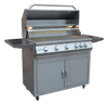 KoKoMo stainless steel cart grill with lid raised, interior lights, side shelves and double-door cabinet