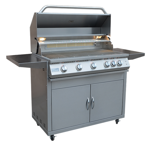 KoKoMo stainless steel cart grill with lid raised, interior lights, side shelves and double-door cabinet