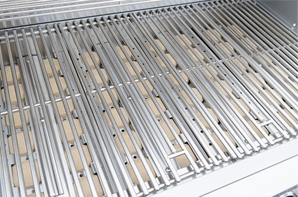 Close-up of a stainless steel grill grate on a barbecue