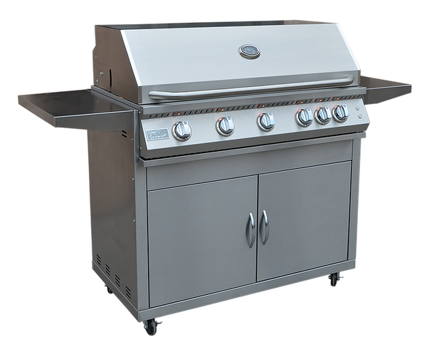 KoKoMo stainless steel cart grill with closed lid, lid thermometer, side shelves and cabinet storage