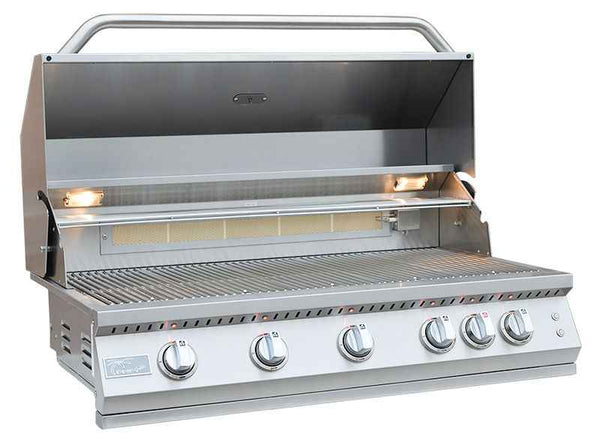 KoKoMo stainless steel grill head with lid raised, cooking grates, back burner and illuminated interior lights.