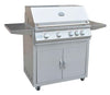 KoKoMo stainless steel cart grill with lid closed, lid thermometer, side shelves and caster wheels