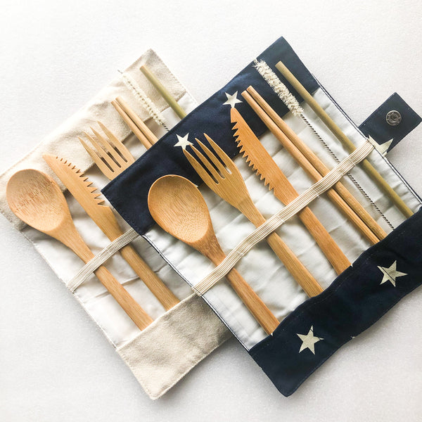 Durable canvas storage pouch for bamboo cutlery set with secure metal snap fastener