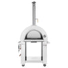 White outdoor pizza oven with a metal chimney on a white background
