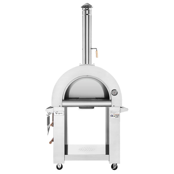 White outdoor pizza oven with a metal chimney on a white background