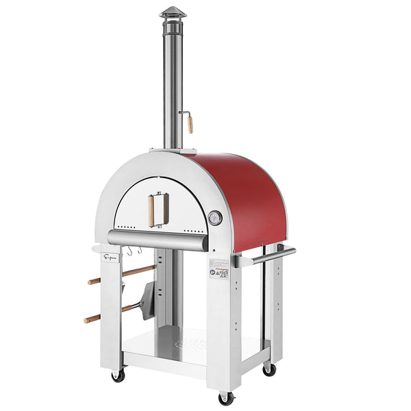 Red and white outdoor pizza oven on a white background