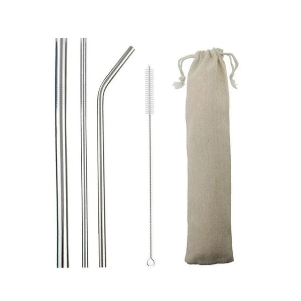Set of metal straws with a cleaning brush and storage bag on a white background