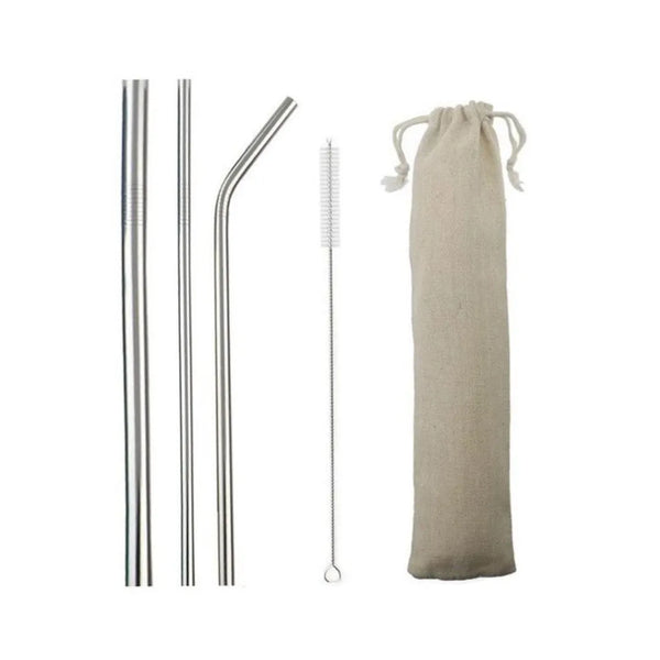 Complete set of premium stainless steel bent straws with cleaning brush and sustainable packaging