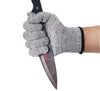 Close-up of a gray cut-resistant glove gripping a kitchen knife against a white background