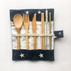 5-piece bamboo cutlery set in portable canvas pouch, zero-waste utensils for travel and lunch