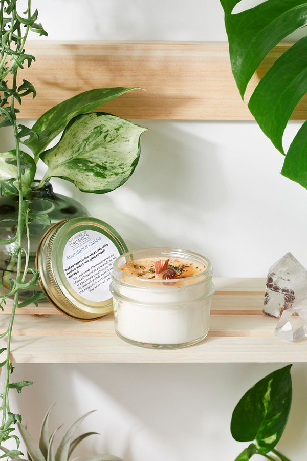 Glass candle with wooden lid on a shelf with plants and crystals