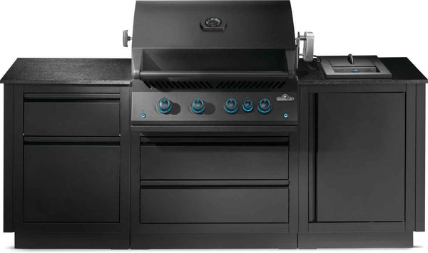 OASIS outdoor kitchen with matte black cabinets, closed grill lid, side burner and blue-lit control knobs