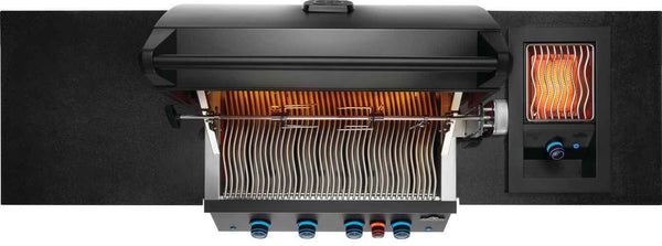 Overhead view of OASIS grill with rotisserie spit, glowing rear and side burners, and WAVE cooking grates