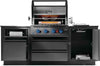 Front view of OASIS kitchen with rotisserie spit, glowing rear burner, paper towel holder and open storage