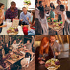 Collage of people enjoying meals and drinks together in various settings.